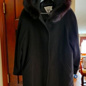Marvin Richards Lambswool Hooded Maxi Length coat. Jet Black and Fox Fur Hood